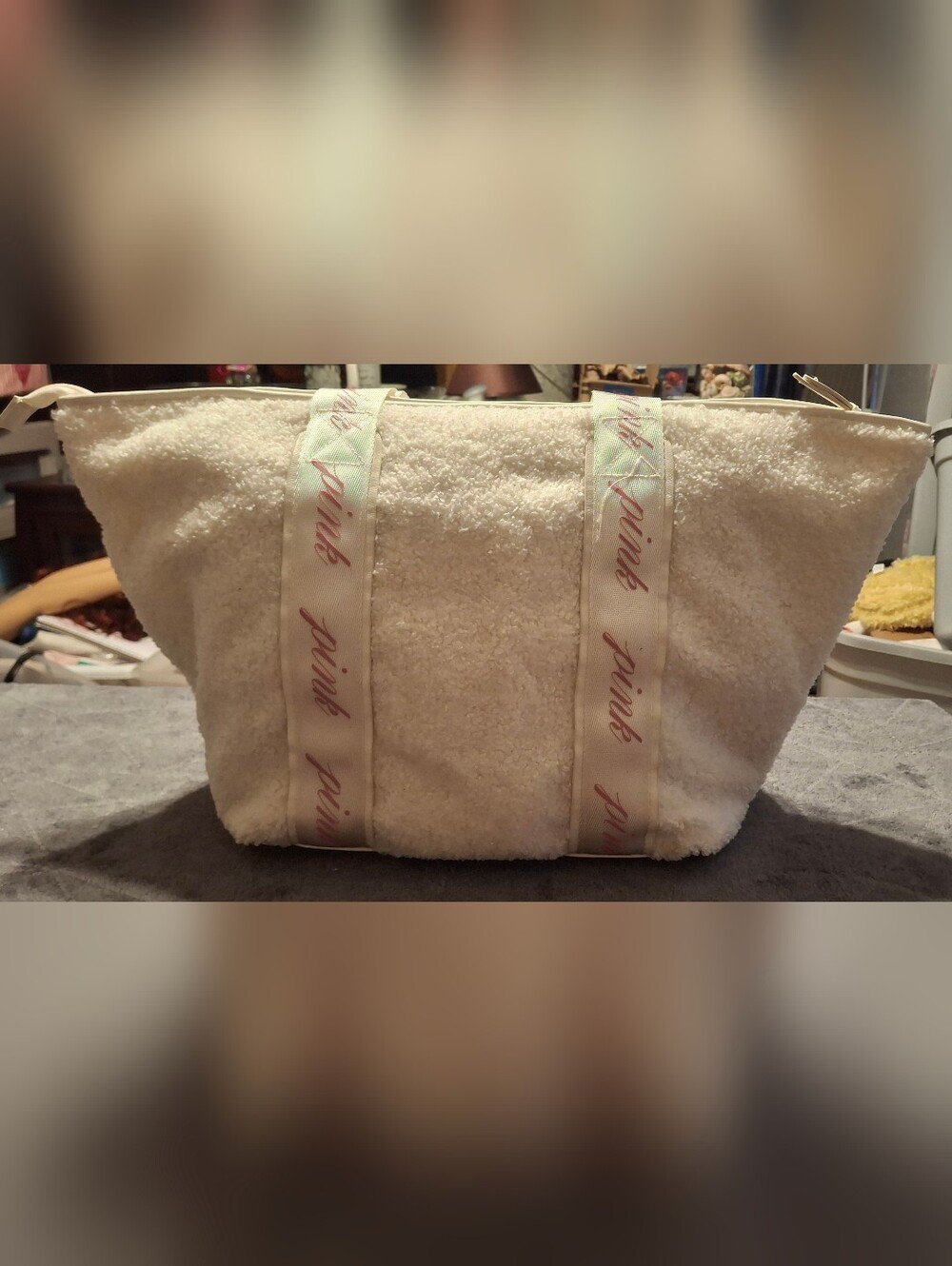 Pink Sherpa Tote Bag with Branded Ribbon Straps